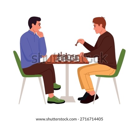 Vector illustration of a chess game tournament. Cartoon scene of two men sitting at a table with a chessboard, fields, chess pieces, making moves isolated on a white background. Strategic thinking. 
