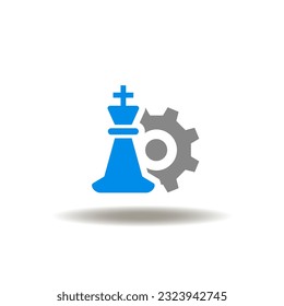 Vector illustration of chess king and gear wheel. Symbol of strategy management business. Icon of plan and vision.