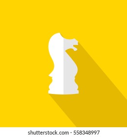 Vector illustration of chess knight icon. White chess knight on yellow background. Flat design.