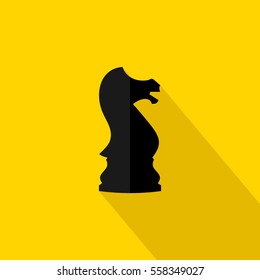 Vector illustration of chess knight icon. Black chess knight on yellow background. Flat design.