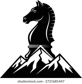 Ilustração vetorial de uma peça de cavaleiro de xadrez em pé em um pico de montanha representando o sucesso estratégico, liderança de topo, desafios de conquista e domínio de negócios isolado no branco