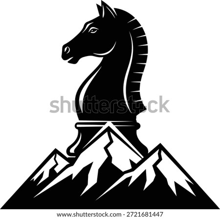 Vector illustration of a chess knight piece standing on a mountain peak representing strategic success, top leadership, conquering challenges, and business mastery isolated on white