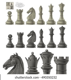 Vector illustration of chess piece set in vintage engraving style, isolated, grouped on transparent background