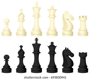 Vector illustration of chess pieces, in both white and black.