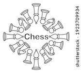 Vector illustration with chess pieces. Coloring pages or logo with chess king, queen, rook, bishop, knights, pawn.