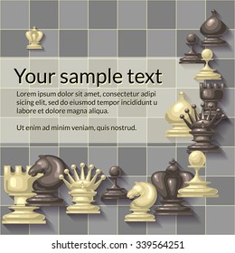 Vector illustration of chess pieces. Competition or strategy concept.  For your design, cover template, chess school or chess club. King, queen, rook, bishop, knight and pawn.