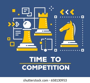 Vector illustration of chess pieces: pawn, rook and horse. Business competition concept on dark background with title. Thin line art design for web, site, banner, business presentation