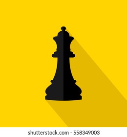 Vector illustration of chess queen icon. Black chess queen on yellow background. Flat design.