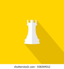 Vector illustration of chess rook icon. White chess rook on yellow background. Flat design.