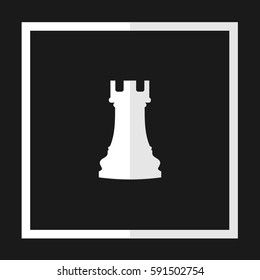 Vector illustration of chess rook icon. White chess rook icon on black background.