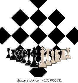 Vector illustration. Chess set. Images of chess pieces on the background of a chessboard. Vector concept.