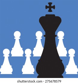 Vector illustration of chess. White pawns and black king on blue background