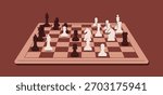 Vector illustration of chessboard with chess pieces. Classic strategy board game symbolizing logic, intelligence, and competition. Perfect for education, sport, and entertainment design projects.