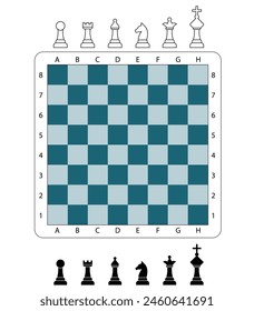 Vector illustration of a chessboard with chess pieces. Isolated objects on white background.