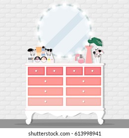 Vector illustration with chest of drawers, chair, mirror and cosmetics product in flat style