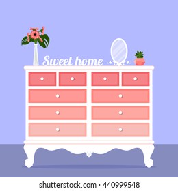 Vector illustration with chest of drawers in flat style