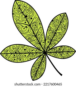 Ilustración vectorial de una hoja de castaño.Ilustración otoñal de una hoja con un ornamento.Una idea para un logo, ilustraciones de moda, revistas, impresión en ropa, publicidad, sketch de tatuajes o mehendi.