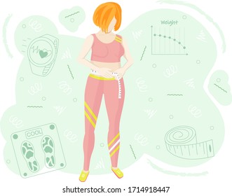 Vector illustration of a chewing gum that is losing weight. The girl measures the size of the waist. Proper nutrition and weight loss. Conceptual background on the topic of weight loss. svg