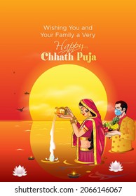 Vector illustration of Chhath Puja festival background. Indian couple ladies offering water arghya and fruits to Sun God on sunrise and bathing in holy river