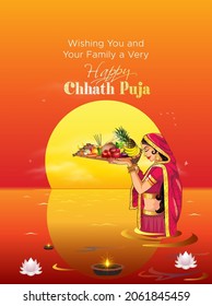 vector illustration of Chhath Puja traditional festival background. Indian Women doing prayer of sunrise and bathing in holy river in Bihar bengal