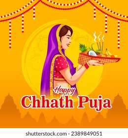 Vector illustration of Chhath Puja, traditional puja ceremony of the God Sun festival of India. Banner design template