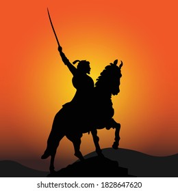 Vector Illustration of Chhatrapati Shivaji Jayanti. Shivaji riding horse and holding sword. Silhouette on sunset or sunrise background