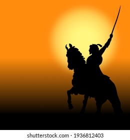 Vector Illustration of Chhatrapati Shivaji Jayanti. Shivaji riding horse and holding sword. Silhouette on sunset or sunrise background