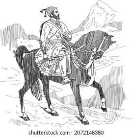 Ilustración vectorial de Chhatrapati Shivaji Jayanti. Shivaji montando a caballo y sosteniendo una espada.