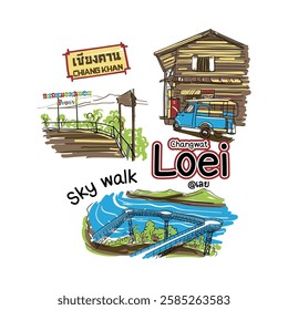 vector illustration of Chiang Khan, Loei Province, Thailand, Thai Alphabet is the Name of the Place Chiang Khan., Thailand Travel