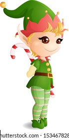 Vector illustration. Chibi boy in a Christmas elf costume. With a Lollipop in his hands.