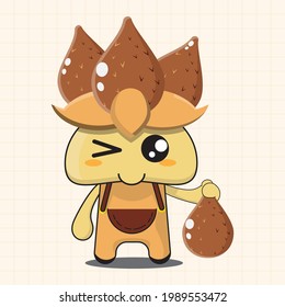 vector illustration of chibi and cartoon character cute prickly palm mascot, cute plant, chibi vegetables, fun vegetable, holding salak fruit, cute food character, food character, chibi food mascot.