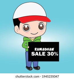 ilustración vectorial del modelo de caracteres chibi en promoción de descuento ramadan