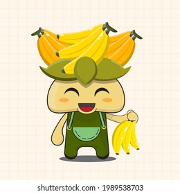 vector illustration of chibi and cute banana mascot cartoon character in simple style, cute plant, chibi vegetable, chibi vegetables, chibi fruit, cute fruit, funny face, adorable food, cute mascot.