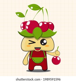 vector illustration of chibi and cute cherry mascot cartoon character, cherry fruit hat, chibi fruit, cute and adorable fruit, cute and funny expression, holding a cherry, food mascot.