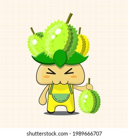 vector illustration of chibi and cute Durian mascot cartoon character, Durian fruit hat, chibi fruit, cute and adorable fruit, cute and funny expression, holding a Durian, food and drink mascot.