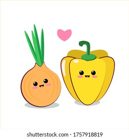 vector illustration  chibi cute funny friends vegetables character onion and pepper