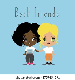 vector illustration chibi cute funny two girls characters with fair skin and dark skin holding hands best friends