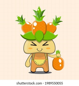 vector illustration of chibi and cute pineapple mascot cartoon character, cute plant, chibi vegetable, delightful vegetables, grab a pineapple, cute food character, healhty food and drink character.
