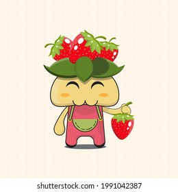 vector illustration of chibi and cute strawberry mascot cartoon character, cute plant, chibi vegetable, animation vegetable, grab strawberry, cute food character, healty food and drink character.
