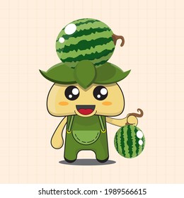 vector illustration of chibi and cute watermelon fruit mascot cartoon character, watermelon hat, chibi fruit, cartoon watermelon fruit, holding watermelon fruit, cute food character, character chibi,