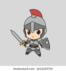 Vector illustration Chibi knight in full gray armor with red plume, holding a sword and shield, ready for battle