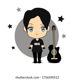 vector illustration chibi korean cute boy musician in black clothes with guitar sticker