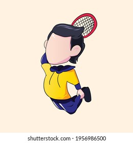 Vector Illustration of chibi playing badminton. Cute chibi boy jumping while playing badminton. Chibi character doing sports. 