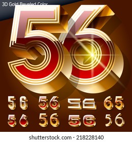 Vector illustration of chic golden 3D beveled and coloured font. Numbers 5 6