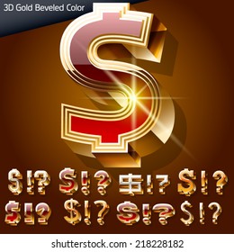 Vector illustration of chic golden 3D beveled and coloured font. Symbols 1