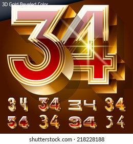 Vector illustration of chic golden 3D beveled and coloured font. Numbers 3 4