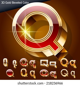 Vektorgrafik von schicker, goldener 3D-Schriftart. Buchstabe q