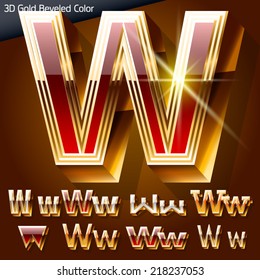 Vector illustration of chic golden 3D beveled and coloured font. Letter w