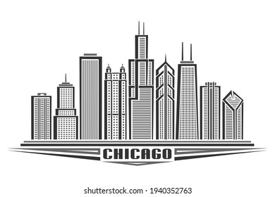 Vector illustration of Chicago City, horizontal monochrome poster with line art design chicago city scape, urban american concept with unique decorative font for black word chicago on white background