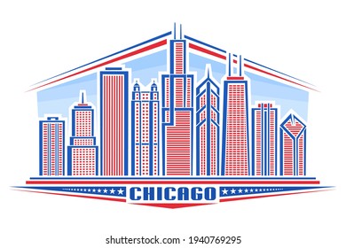 Vector illustration of Chicago City, horizontal poster with line art design chicago city scape on day background, modern panoramic concept with unique font for word chicago and decorative stars in row